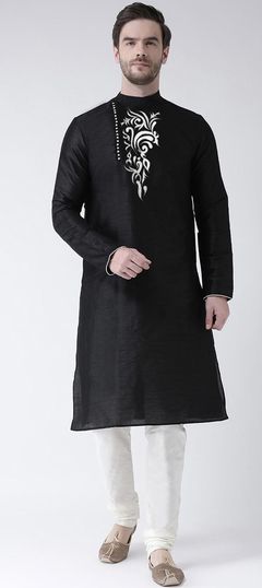 Black and Grey color Kurta Pyjamas in Art Silk fabric with Embroidered work