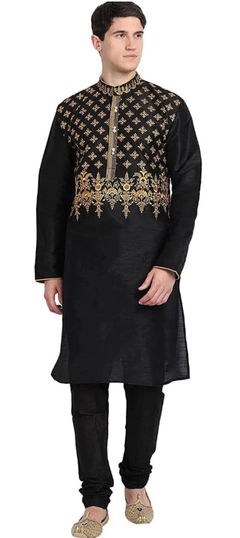 Black and Grey color Kurta Pyjamas in Art Silk fabric with Embroidered work