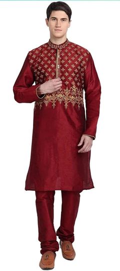 Red and Maroon color Kurta Pyjamas in Art Silk fabric with Embroidered work