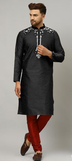 Black and Grey color Kurta Pyjamas in Art Silk fabric with Embroidered work