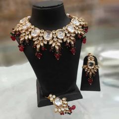 Gold Rodium Polish Red and Maroon color Necklace in Metal Alloy studded with Kundan, Pearl