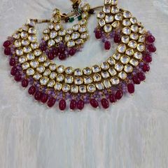 Gold Rodium Polish Pink and Majenta color Necklace in Metal Alloy studded with Kundan, Pearl
