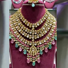 Gold Rodium Polish Green, Pink and Majenta color Necklace in Metal Alloy studded with Kundan, Pearl