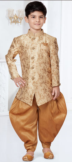 Gold color Boys Indo-Western in Jacquard fabric with Lace, Thread work : 1831462