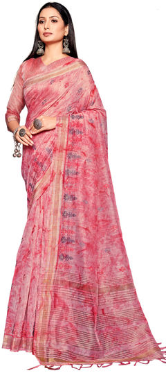 Pink and Majenta color Saree in Linen fabric with Embroidered, Printed work