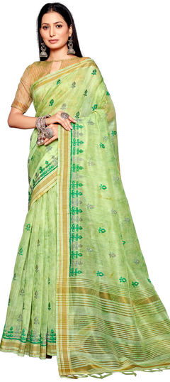 Green color Saree in Linen fabric with Embroidered, Printed work