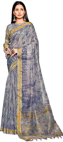 Blue color Saree in Linen fabric with Embroidered, Printed work