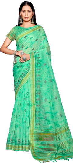 Green color Saree in Linen fabric with Embroidered, Printed work