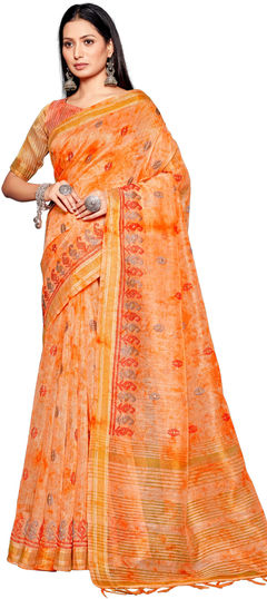 Orange color Saree in Linen fabric with Embroidered, Printed work