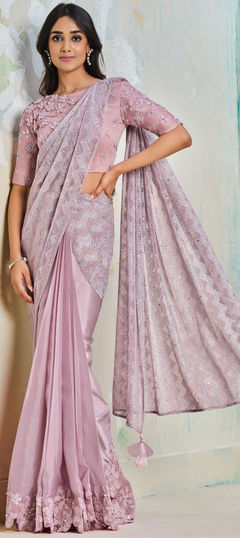 Pink and Majenta color Saree in Satin Silk fabric with Embroidered, Sequence, Swarovski work