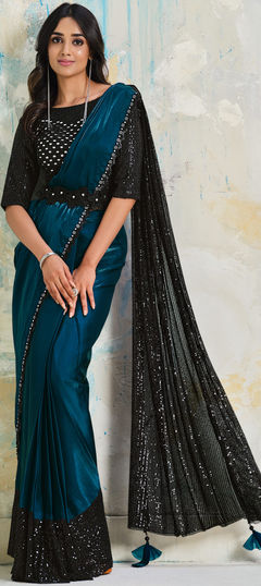 Blue color Saree in Crepe Silk, Satin Silk fabric with Sequence work