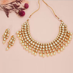 Gold Rodium Polish White and Off White color Necklace in Metal Alloy studded with Beads