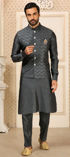 Black and Grey color Kurta Pyjama with Jacket in Banarasi Silk fabric with Embroidered work