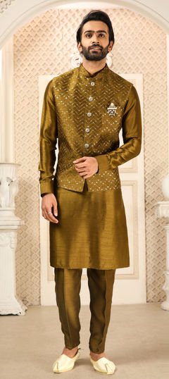 Yellow color Kurta Pyjama with Jacket in Banarasi Silk fabric with Embroidered work