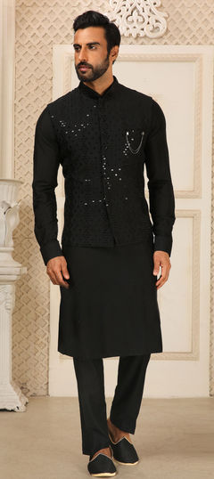 Black and Grey color Kurta Pyjama with Jacket in Art Silk fabric with Mirror work