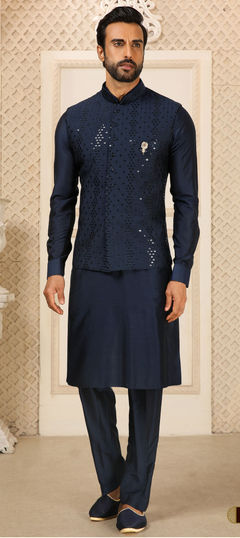 Blue color Kurta Pyjama with Jacket in Art Silk fabric with Mirror work : 1832024