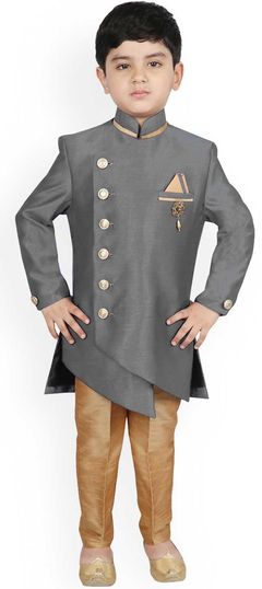 Black and Grey color Boys Indo-Western in Dupion Silk fabric with Broches work : 1832225