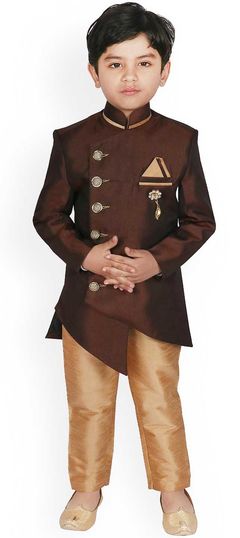 Beige and Brown color Boys Indo-Western in Dupion Silk fabric with Broches work : 1832227