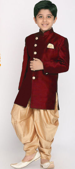 Red and Maroon color Boys Indo-Western in Dupion Silk fabric with Thread work : 1832277