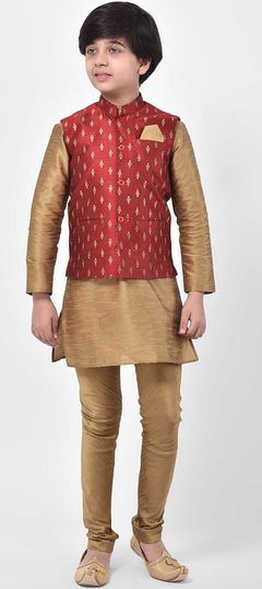 Gold color Boys Kurta Pyjama in Dupion Silk fabric with Printed work : 1832292