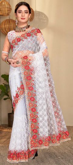 White and Off White color Saree in Net fabric with Embroidered, Resham, Stone, Thread, Zari work