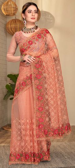 Festive, Mehendi Sangeet, Party Wear, Reception Pink and Majenta color Saree in Net fabric with Classic Embroidered, Resham, Stone, Thread, Zari work : 1832377