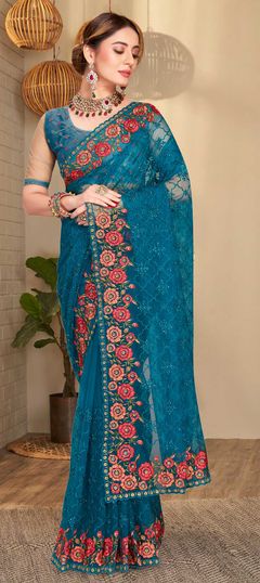 Festive, Mehendi Sangeet, Party Wear, Reception Blue color Saree in Net fabric with Classic Embroidered, Resham, Stone, Thread, Zari work : 1832379