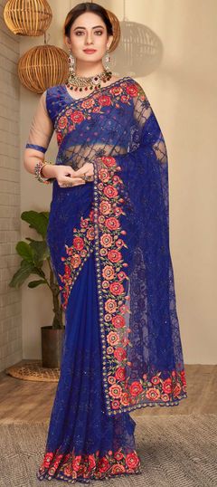 Blue color Saree in Net fabric with Embroidered, Resham, Stone, Thread, Zari work