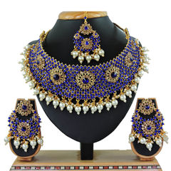 Gold Rodium Polish Blue, Gold color Necklace in Metal Alloy studded with CZ Diamond, Pearl