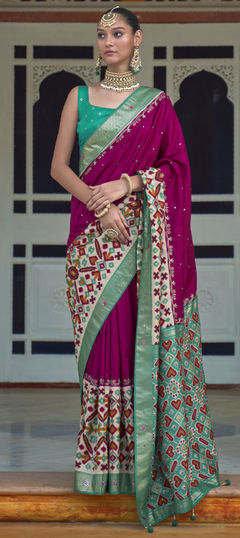 Green, Purple and Violet color Saree in Patola Silk fabric with Mirror, Printed work