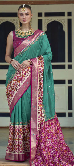 Green, Pink and Majenta color Saree in Patola Silk fabric with Mirror, Printed work