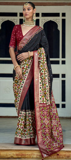 Black and Grey, Red and Maroon color Saree in Patola Silk fabric with Mirror, Printed work