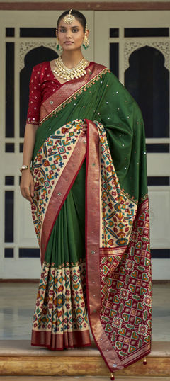 Green, Red and Maroon color Saree in Patola Silk fabric with Mirror, Printed work