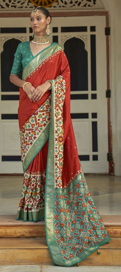 Green, Red and Maroon color Saree in Patola Silk fabric with Mirror, Printed work