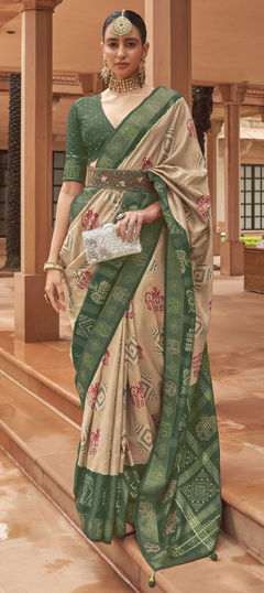 Beige and Brown, Green color Saree in Patola Silk fabric with Bandhej, Weaving, Zari work