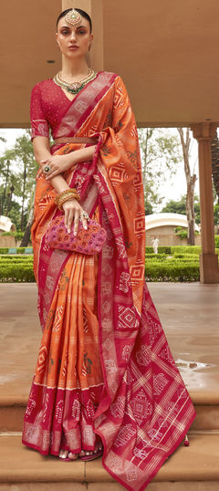 Red and Maroon, Yellow color Saree in Patola Silk fabric with Bandhej, Weaving, Zari work