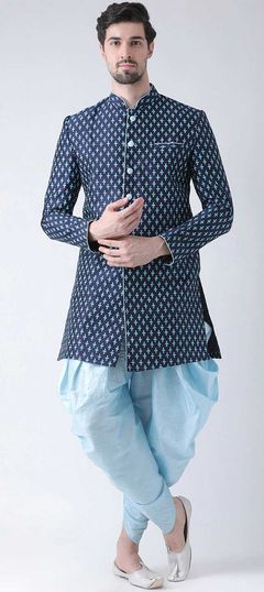 Blue color Dhoti Kurta in Dupion Silk fabric with Printed work
