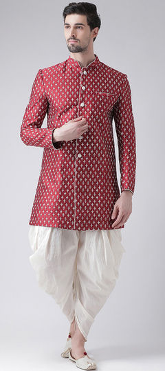 Red and Maroon color Dhoti Kurta in Dupion Silk fabric with Printed work