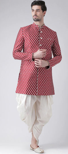 Red and Maroon color Dhoti Kurta in Dupion Silk fabric with Printed work