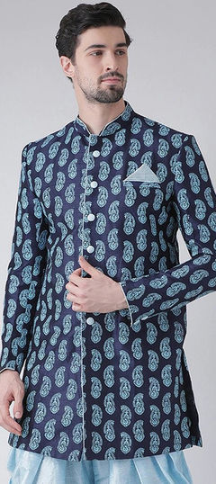 Blue color Kurta in Dupion Silk fabric with Printed work