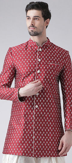 Red and Maroon color Kurta in Dupion Silk fabric with Printed work