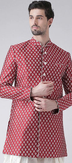 Red and Maroon color Kurta in Dupion Silk fabric with Printed work