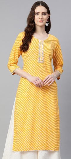 Yellow color Kurti in Cotton fabric with Embroidered, Lehariya, Printed, Resham, Thread work