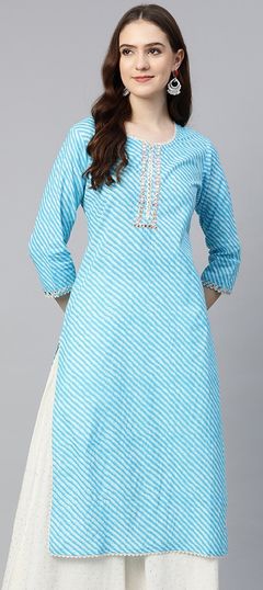 Blue color Kurti in Cotton fabric with Embroidered, Lehariya, Printed, Resham, Thread work