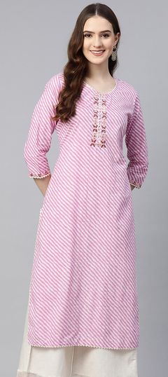 Purple and Violet color Kurti in Cotton fabric with Embroidered, Lehariya, Printed, Resham, Thread work