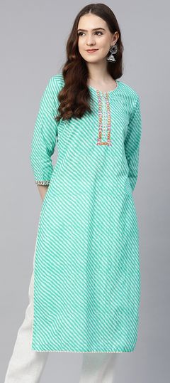 Blue color Kurti in Cotton fabric with Embroidered, Lehariya, Printed, Resham, Thread work