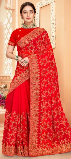 Red and Maroon color Saree in Georgette fabric with Embroidered, Stone, Thread, Zari work