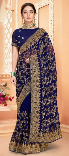 Blue color Saree in Georgette fabric with Embroidered, Stone, Thread, Zari work