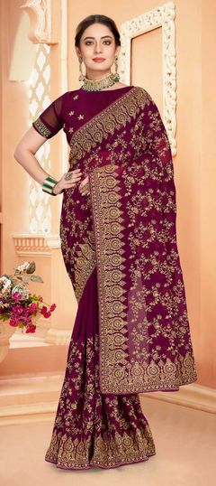 Pink and Majenta color Saree in Georgette fabric with Embroidered, Stone, Thread, Zari work