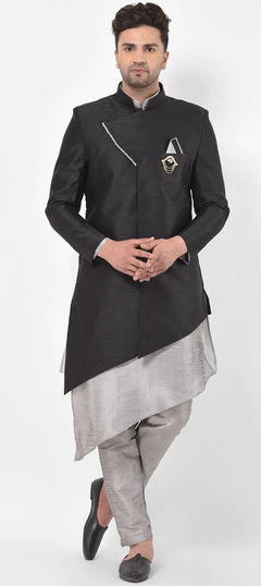 Black and Grey color Kurta Pyjama with Jacket in Dupion Silk fabric with Thread work